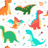 Fototapeta Dinusie - Cute dinosaurs pattern on white background. Vector cartoon flat illustration