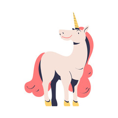 Wall Mural - Slender Unicorn with Pink Mane and Horn as Fairytale Character Vector Illustration