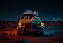 Seriously Creepy Clown Sitting In A Car In A Desert At Night. AI Generated Illustration. Generative AI
