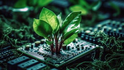 Plant shoots on the motherboard background with Generative AI.