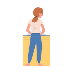 Poster - Woman Character Washing Dishes Standing at Sink in the Kitchen Vector Illustration