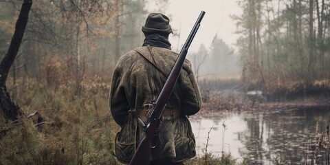 hunter standing in swamp in forest and holding in his hand an old hunting rifle, concept of wilderne