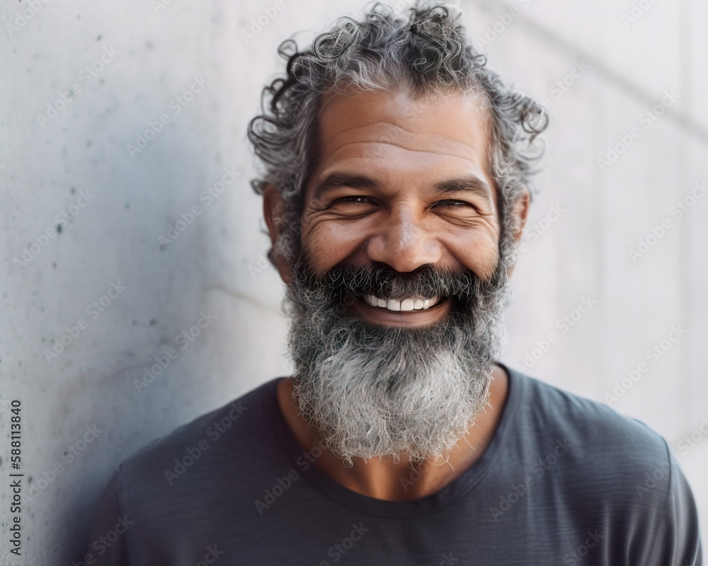 Smiling middle age man with a long beard standing in front of a grey