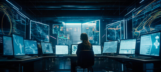 Back view of a businesswoman in a control room of a financial office. Generative AI