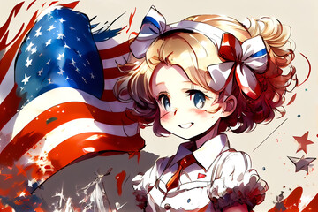 anime Patriotic holiday and happy kid. Generative AI, Generative, AI