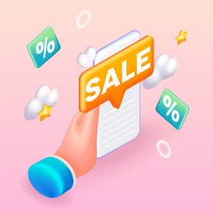 Wall Mural - hand with a phone. mobile application, a message about the sale. sale and discounts