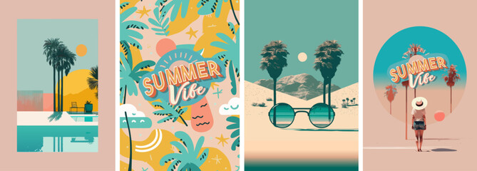 summer vibe. vector illustrations of sunglasses, t-shirt print, pattern, resort and landscape for ba