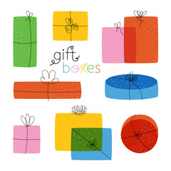 Wall Mural - Set of colorful gift boxes. Collection of doodle presents. Hand drawn packaging with dot pattern and line ribbons. Vector illustration isolated on white background