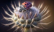  A Ladybug Sitting On Top Of A Thistle Plant.  Generative Ai