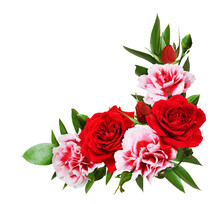 Red Roses And Carnation Flowers With Green Leaves Of Ruscus In A Floral Corner Arrangement Isolated On White