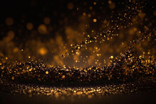 Bronze And Gold Colored Glowing Glow Bokeh Out Of Focus Blurred Particles And Lights And Waves.  Abstract Glamour High Tech Technology Background. Generative AI