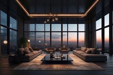 Wall Mural - cozy living room with a panoramic view from a large window. Generative AI