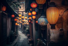 Paper Lanterns On The Streets Of Old Asian  Town. Generative AI