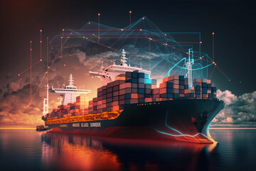 Container ship or cargo shipping business logistic import and export freight transportation by container ship in the open sea, generative ai