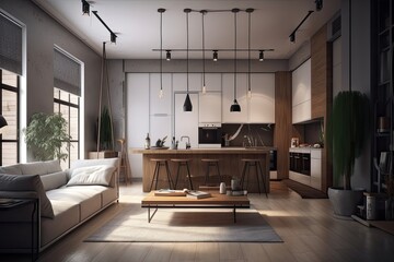 Poster - cozy living room with an open-concept kitchen. Generative AI