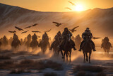 Fototapeta  - Kazakh berkut hunting western Mongolia Golden eagle festival horse riding, generative ai