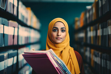 muslim woman in office with files, data, papers, generative ai