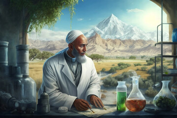 Wall Mural - a muslim scientist doing outdoor experiments researching herbal medicine, researching chemicals, researching physics education concept. Generative AI