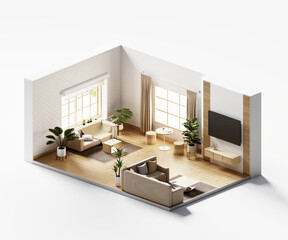 Isometric view living room muji style open inside interior architecture 3d rendering digital art