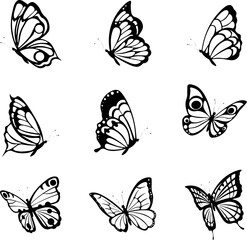 Wall Mural - Black tattoo butterflies. Farfalle insects etching drawings, decorative isolated butterfly silhouette graphics