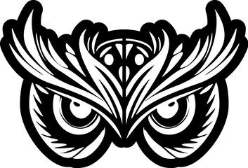 Wall Mural - ﻿ Tattooed owl face with polynesian patterns in black/white.