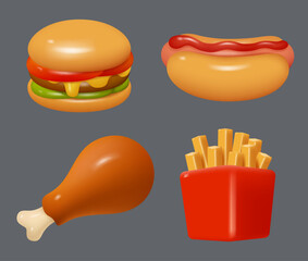 Wall Mural - Fast food icons. Plasticine stylized objects french fries cafe food burgers decent vector cartoon 3d rendering icon