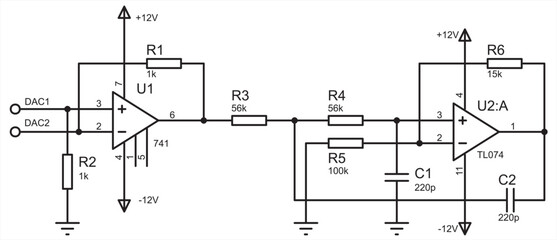 Sticker - Schematic diagram of electronic device.
Vector drawing electrical circuit with operational amplifier,  resistor, capacitor 
and other electronic components.