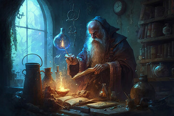 Poster - Fantastic beautiful wizard making spells in his cell. Creative vector illustration design character. Magic and wizardry. Ai generated