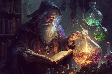 Wall Mural - Fantastic beautiful wizard making spells in his cell. Creative vector illustration design character. Magic and wizardry. Ai generated