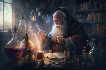 Wall Mural - Fantastic beautiful wizard making spells in his cell. Creative vector illustration design character. Magic and wizardry. Ai generated