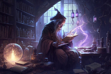 Wall Mural - Fantastic beautiful wizard making spells in his cell. Creative vector illustration design character. Magic and wizardry. Ai generated
