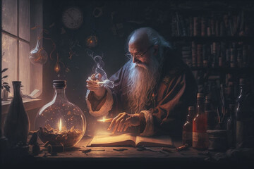 Poster - Fantastic beautiful wizard making spells in his cell. Creative vector illustration design character. Magic and wizardry. Ai generated