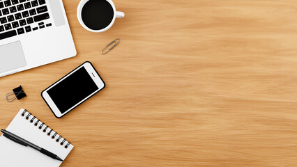 Wall Mural - office table and computer concept, background top view with office supplies, wooden table with offis