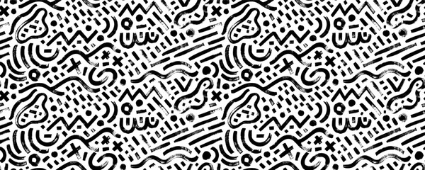 Geometric doodle seamless pattern with different brush strokes. Hand drawn contemporary geometric background. Chaotic ink brush scribbles decorative texture. curved lines, dots and crosses. 