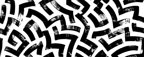 Maze lines vector seamless pattern. Hand drawn bold brush strokes in labyrinth motif. Abstract geometric background with thick lines. Maze vector texture. Grunge curved bold smears with corners.