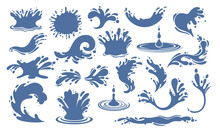 Water Splash Silhouettes Set Vector Illustration. Blue Stamps Of Ocean Or Sea Wave With Splatters And Water Spray, Falling Droplets Of Fountain And Circle Ripples, Ink Or Paint Stain Of Simple Shapes
