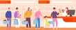 © ssstocker - Line at counter supermarket. Customers lined-up queue cashier checkout grocery store, register cash food shop, convenience shopping happy client crowd, splendid vector illustration