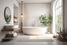 Minimalist Bathroom With A White Bathtub Positioned Near A Large Window. Generative AI