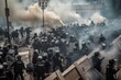 © ChaoticMind - Officers are dressed in riot gear and are using shields and batons to push back the protesters. The scene is chaotic, with smoke and debris filling the air Generative AI