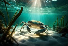 Сrab At The Bottom Of The Ocean Illustration. AI Generative.