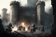 assault on the castle by medieval wars. troop battle. ai generated