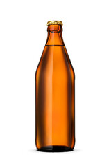 Wall Mural - Brown beer bottle golden crown cap isolated on white background.