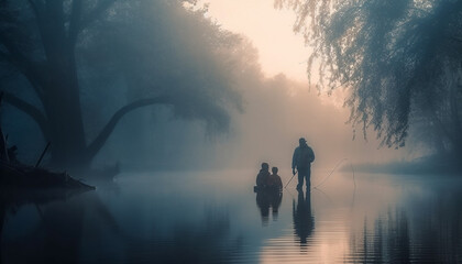 Poster - Two men and women standing, backlit by dusk generated by AI