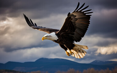 Bald eagle soaring in the sky with wings spread wide. The background is mountain. Generative AI