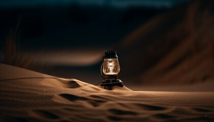 Canvas Print - Glowing lantern illuminates sand dune at dusk generated by AI