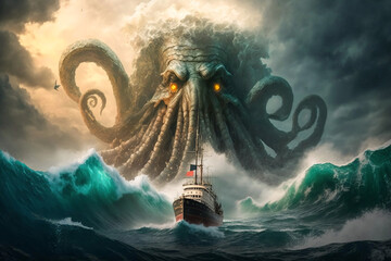 the illustration of 'the call of cthulhu'. a terrifying monster ascends from the depths of the ocean