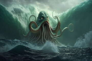 Wall Mural - An illustration of 'The Call of Cthulhu'. The sea monster rises from the depths of the ocean during an epic storm with giant waves. AI digital illustration