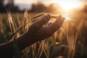 Closeup of a farmer's hand touching the top of a wheat stalk, while sun rays are breaking through the sunset in the background Generative AI