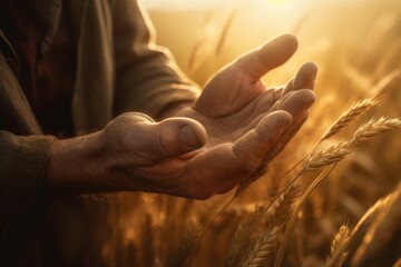 Closeup of a farmer's hand touching the top of a wheat stalk, while sun rays are breaking through the sunset in the background Generative AI