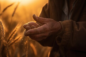 Closeup of a farmer's hand touching the top of a wheat stalk, while sun rays are breaking through the sunset in the background Generative AI